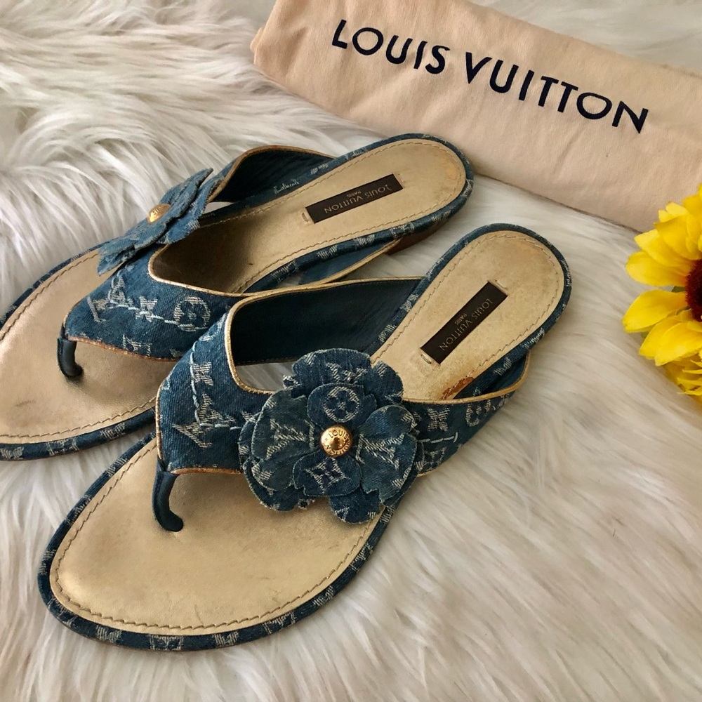 Authentic Louis Vuitton Blue Sandals with Signature LV Monogram Size 7